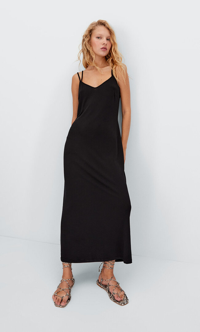 Stradivarius Midikleid Mit Trägern Schwarz Xs