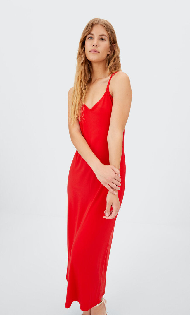 Stradivarius Midikleid Mit Trägern Rot Xs