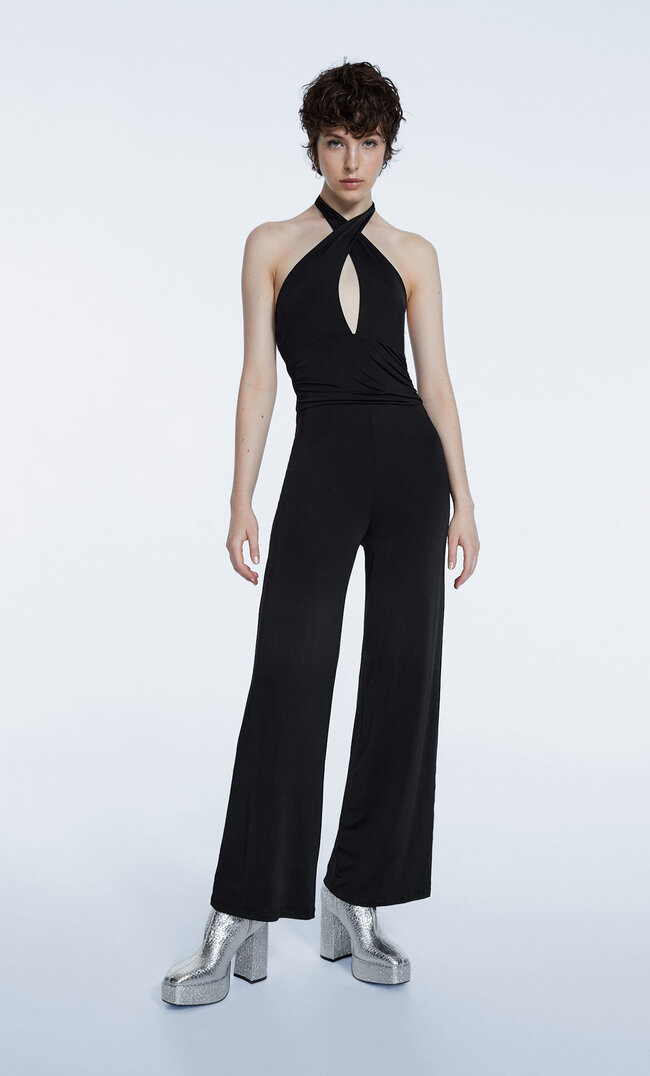 Stradivarius Long Knit Jumpsuit Tied At The Neck Black S