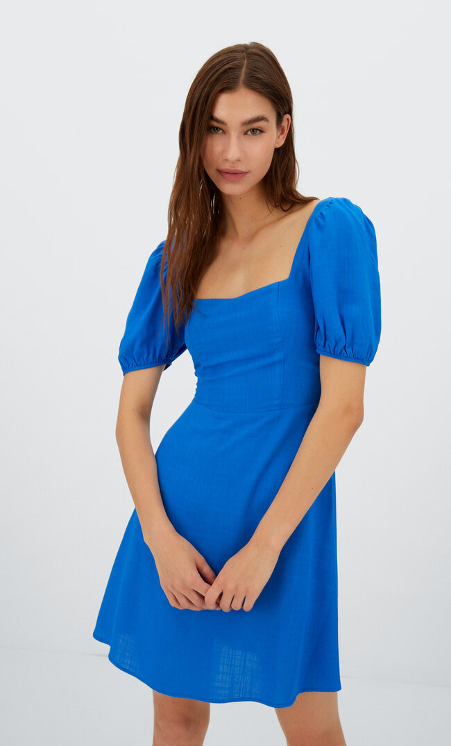 Stradivarius Short Dress With Ties At The Back Blue M