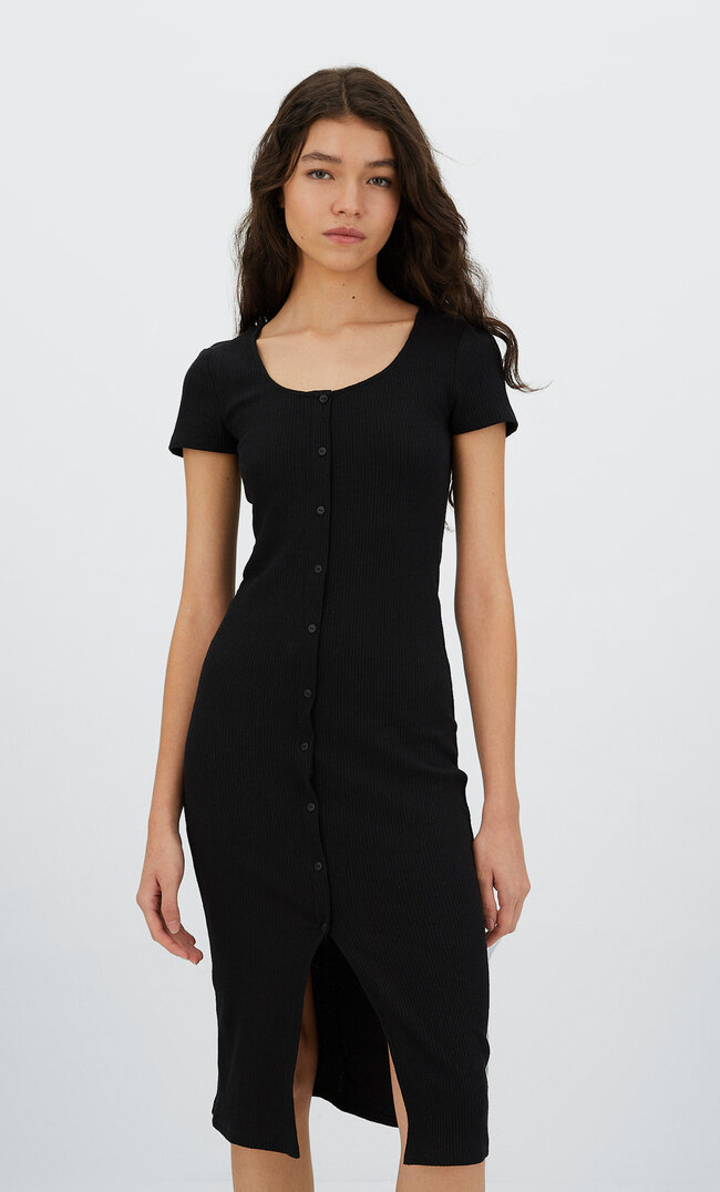 Stradivarius Ribbed Dress With Buttons Black Xl