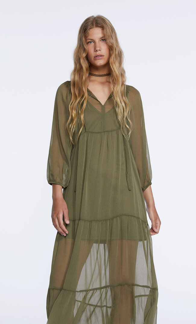 Stradivarius Long Flowing Dress Khaki M