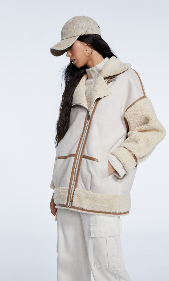 Stradivarius Faux Shearling Coat With Details Stone S