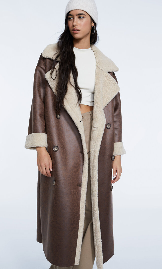 Stradivarius Long Faux Shearling Coat Brown M