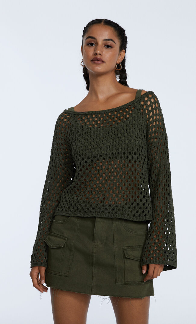 Stradivarius Strickpullover Mit Lochmuster Khaki Xs