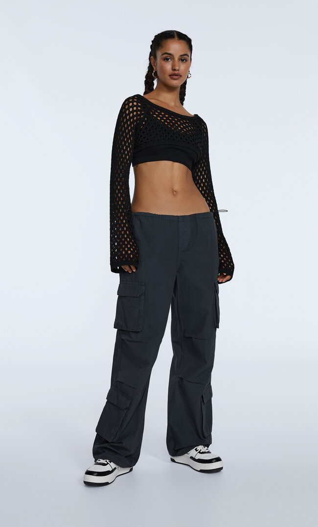Stradivarius Top Z Siateczkowej Dzianiny Czarny L