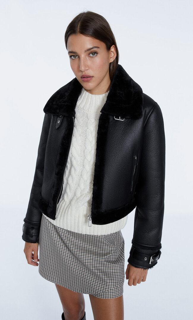 Stradivarius Doubleface-Pilotenjacke Schwarz S