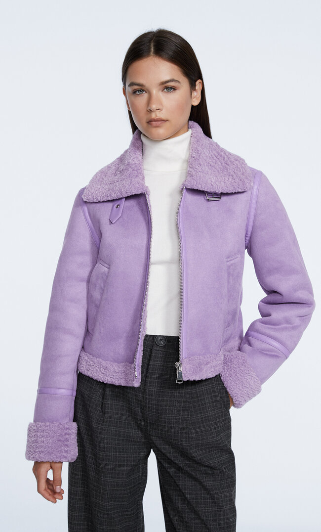 Stradivarius Faux Shearling Aviator Jacket Lilac M