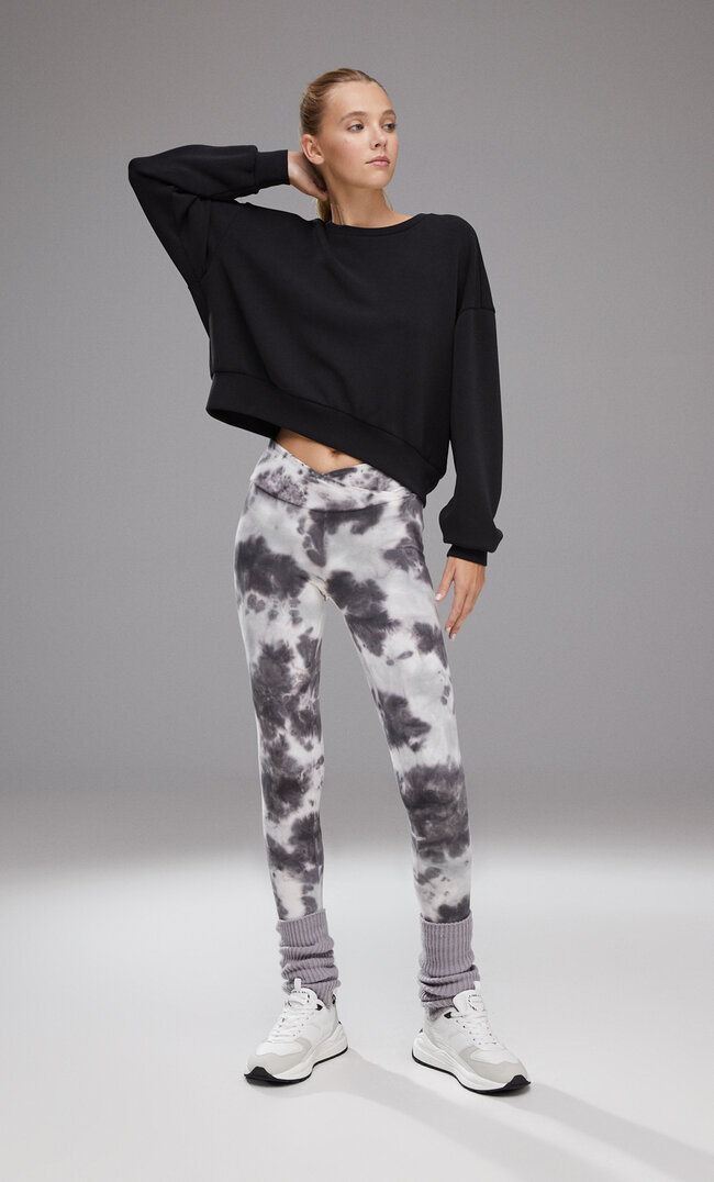 Stradivarius Tie-Dye Sports Leggings With Crossover Waist Grey Melange L