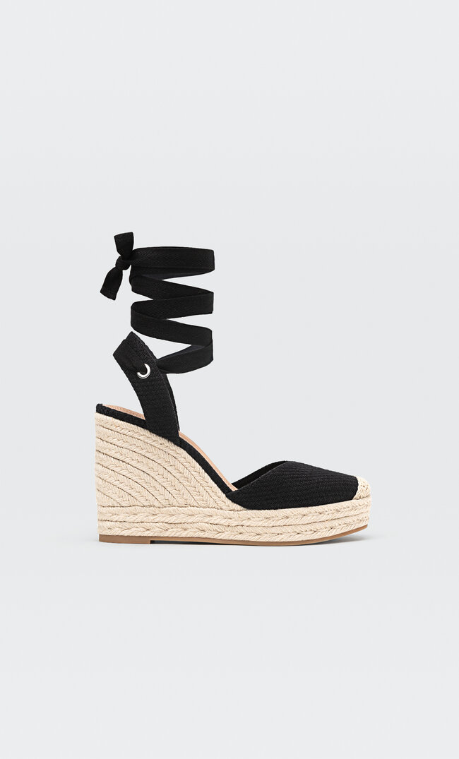 Stradivarius Sandales Compensées En Jute Nouées Noir 40