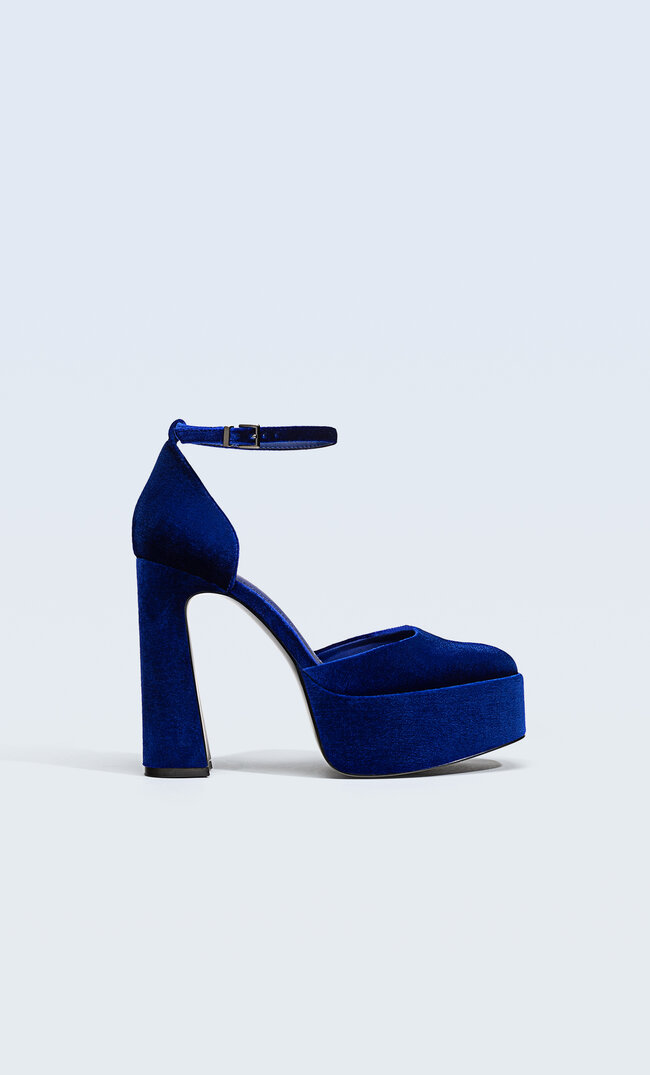 Stradivarius Velvet High-Heel Platform Shoes Blue 3