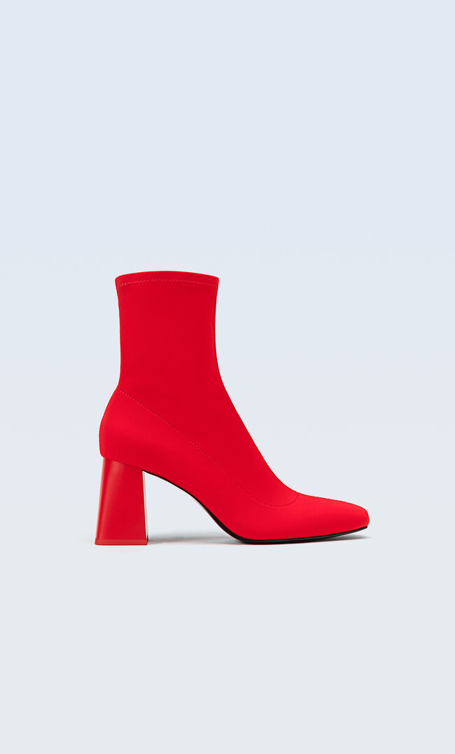 Stradivarius Fabric High-Heel Ankle Boots Red 3