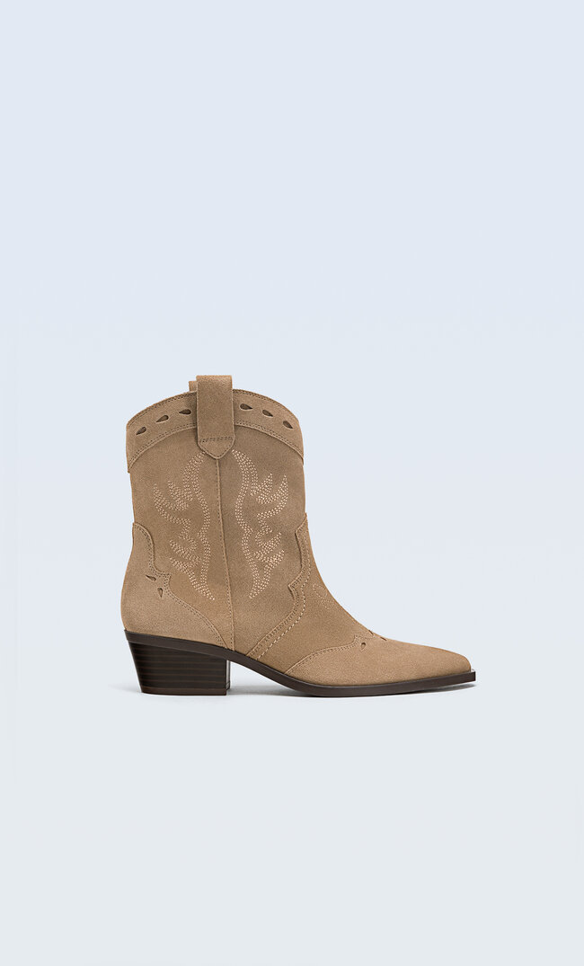 Stradivarius Leather Cowboy Ankle Boots Taupe 5