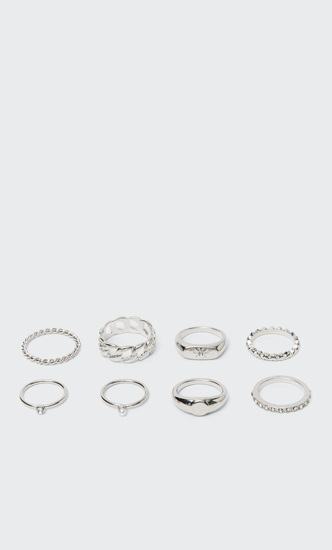 Stradivarius Set Of 8 Pearl Bead And Crystal Sun Rings Grey M