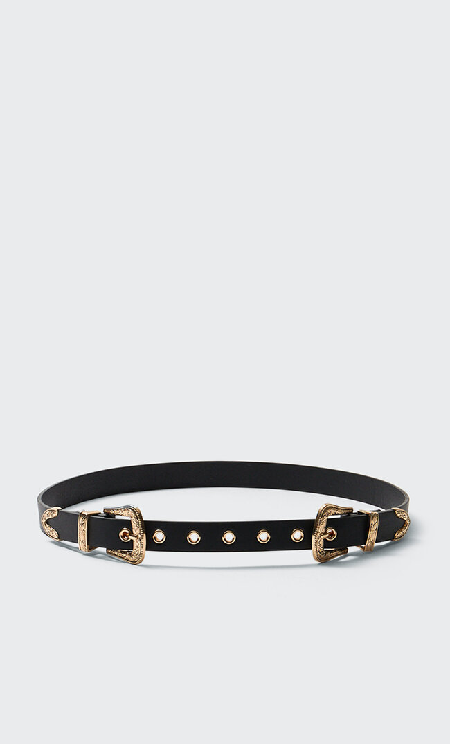 Stradivarius Thin Cowboy Belt With Double Buckle Black 34