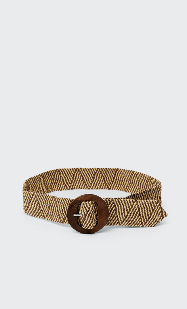 Stradivarius Stretch Raffia Belt With A Geometric Print Stone 34