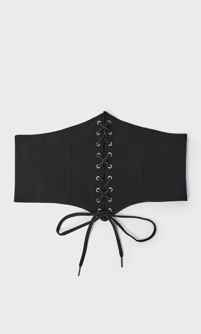 Stradivarius Wide Sash Belt With Stays And Eyelets Black 34