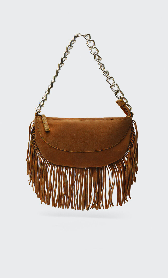 Stradivarius Leather Crossbody Bag With Chain And Fringing Pale Camel M
