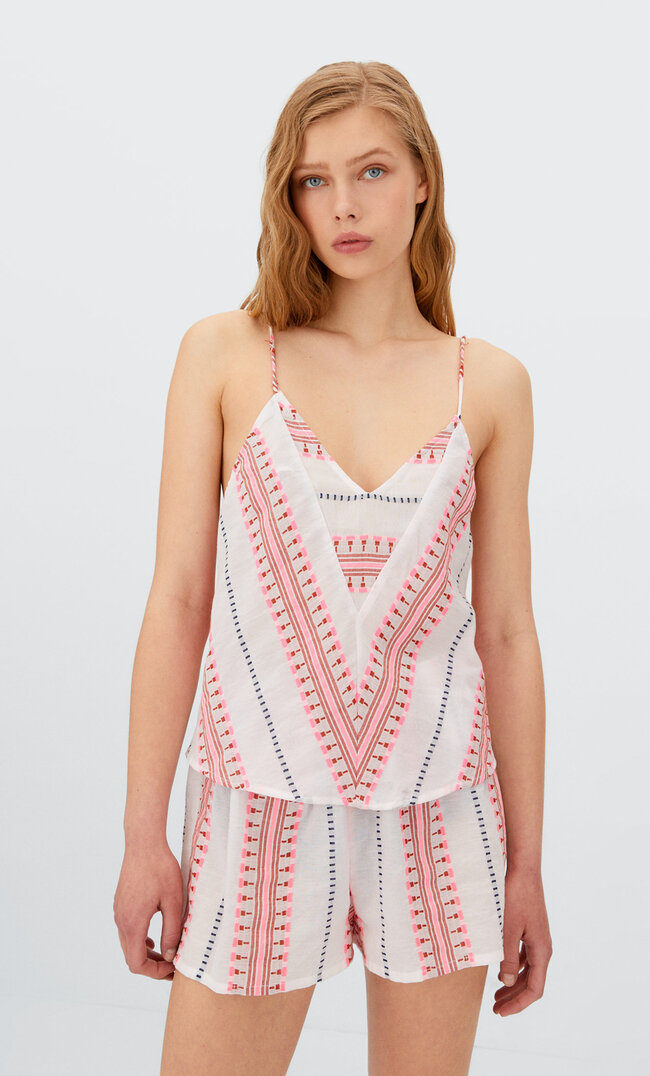 Stradivarius Top Mit Geometrischem Muster Rosa L