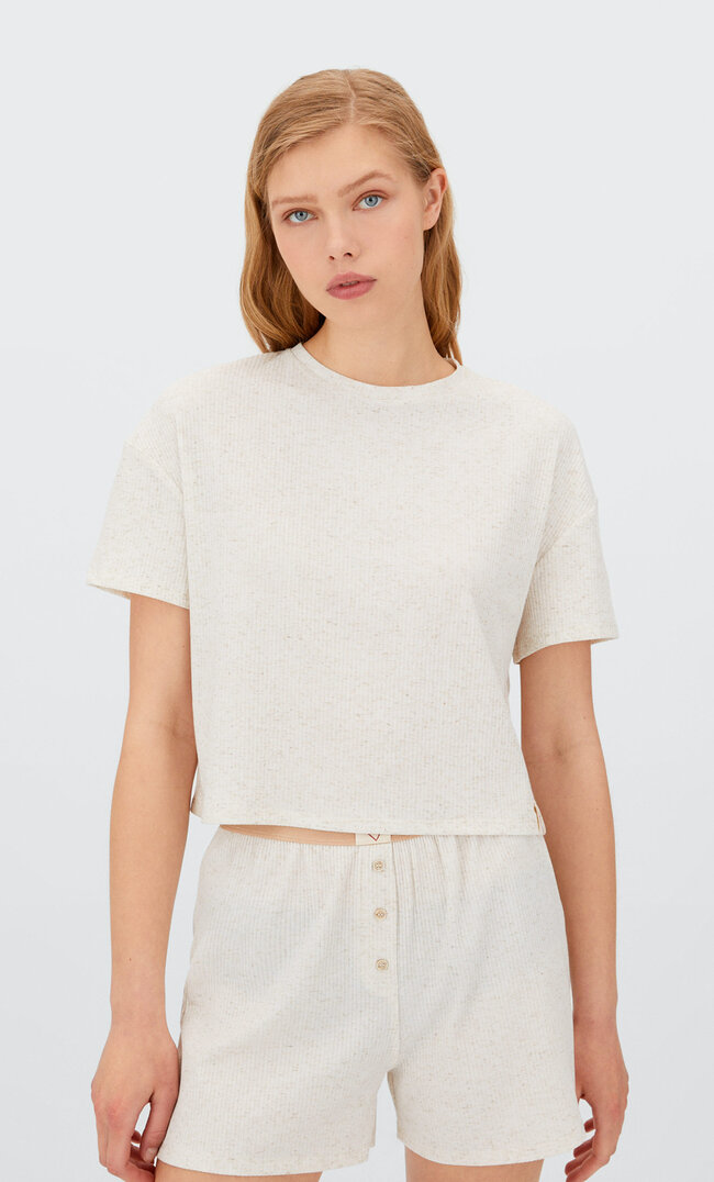 Stradivarius Ribbed Pyjama T-Shirt Beige S