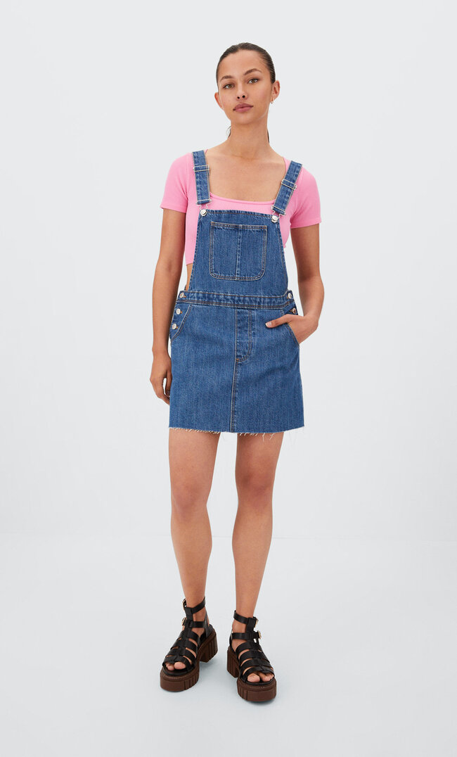 Stradivarius Jeans-Latzkleid Medium Dark Blue Denim L