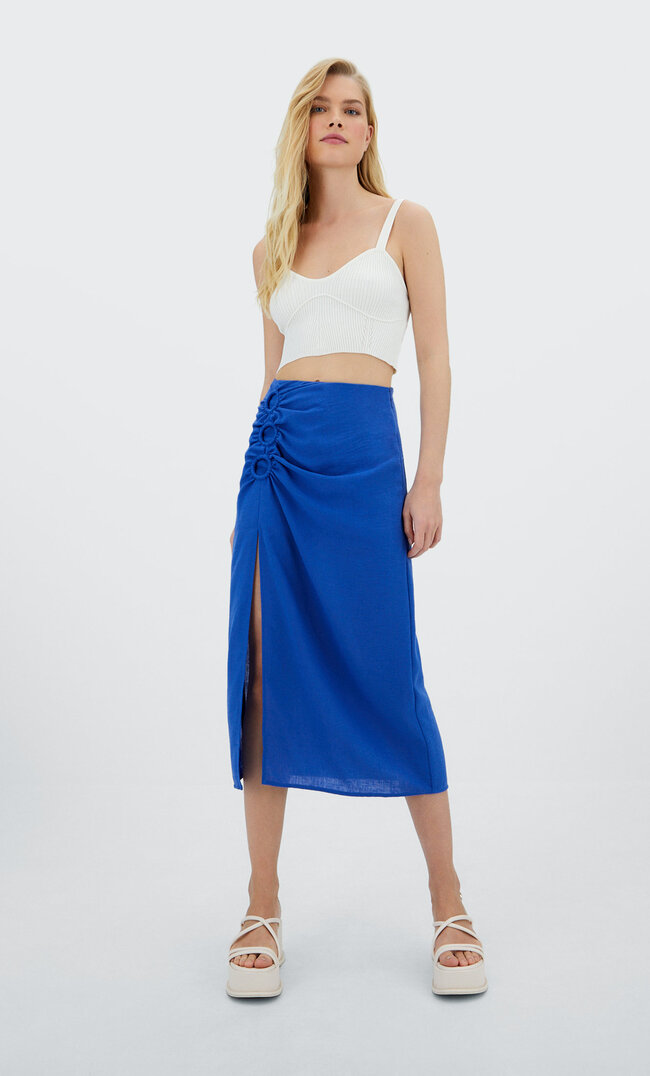 Stradivarius Rustic Midi Skirt With Cut-Out Detail Electric Blue 4