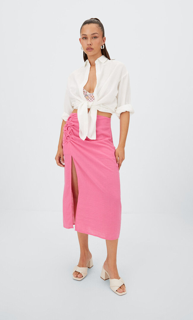 Stradivarius Rustic Midi Skirt With Cut-Out Detail Neon Pink 16