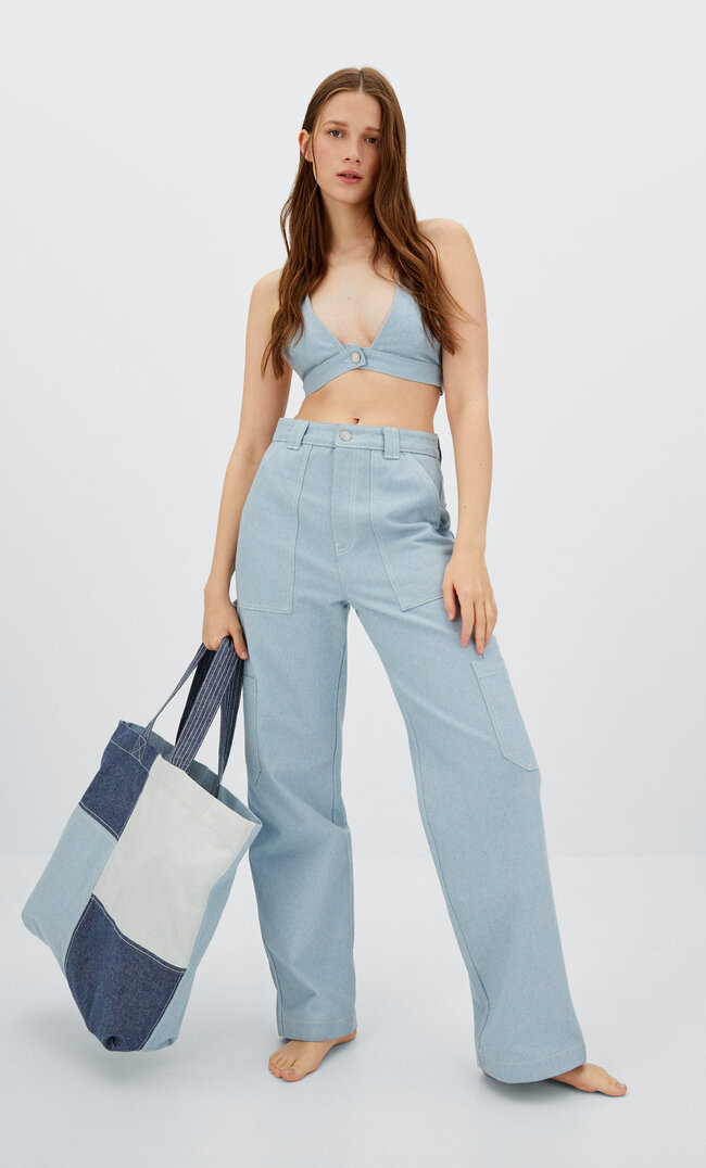 Stradivarius Spodnie Worker Ø Waste Denimowy Średni Light Blue 34