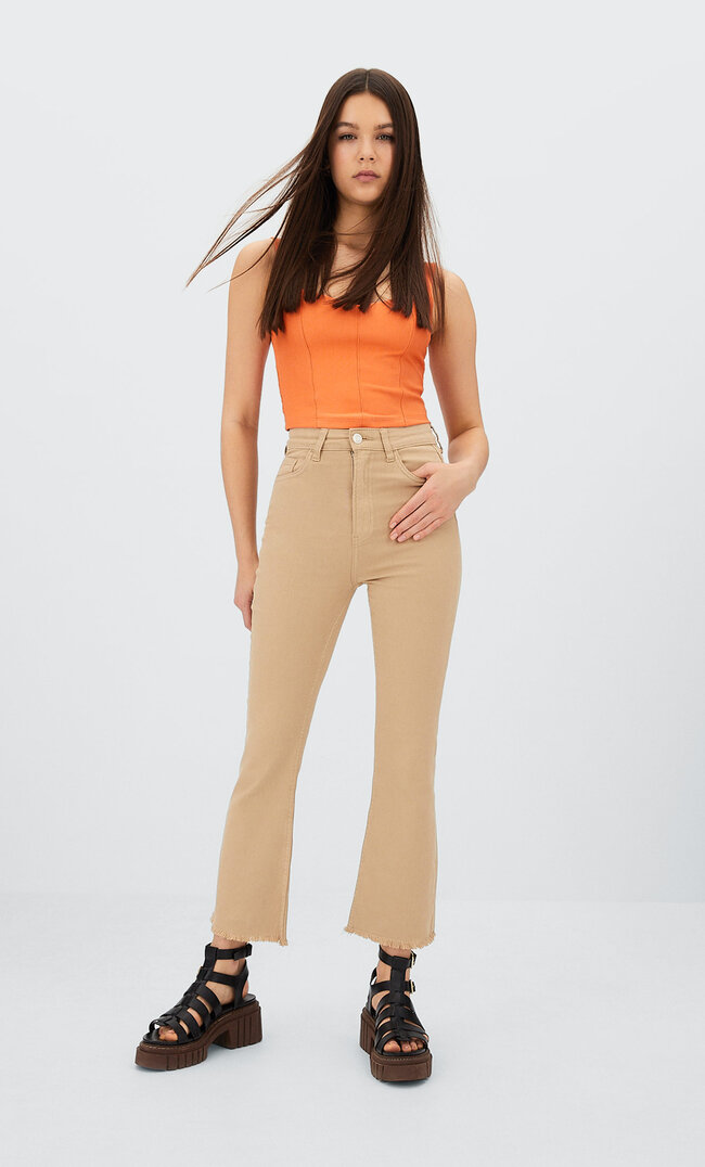 Stradivarius Twill Cropped Flare Trousers Beige 4