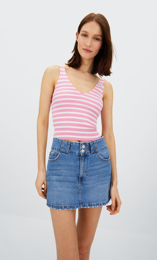 Stradivarius Jersey V-Neck Top Bubblegum Pink S