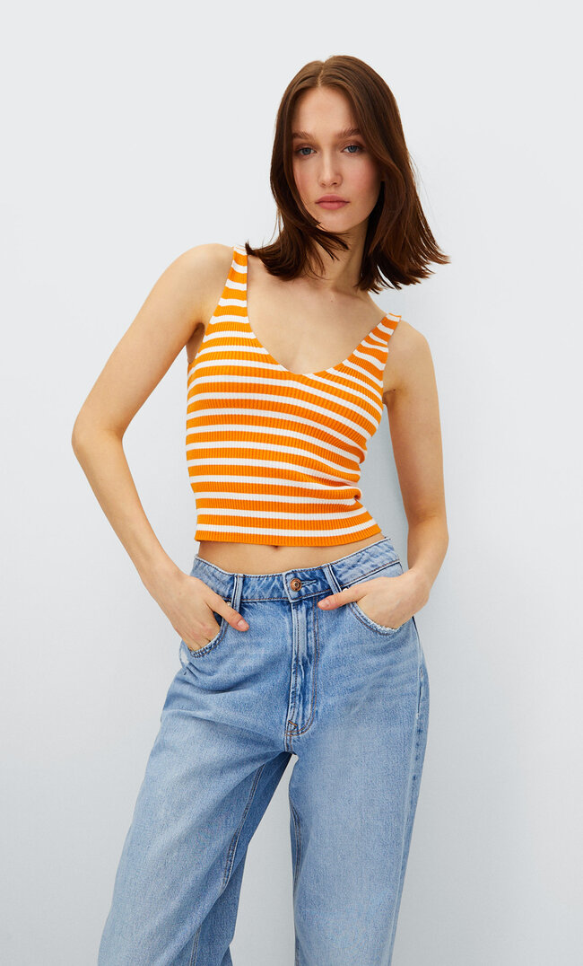 Stradivarius Jersey V-Neck Top Peach Orange M