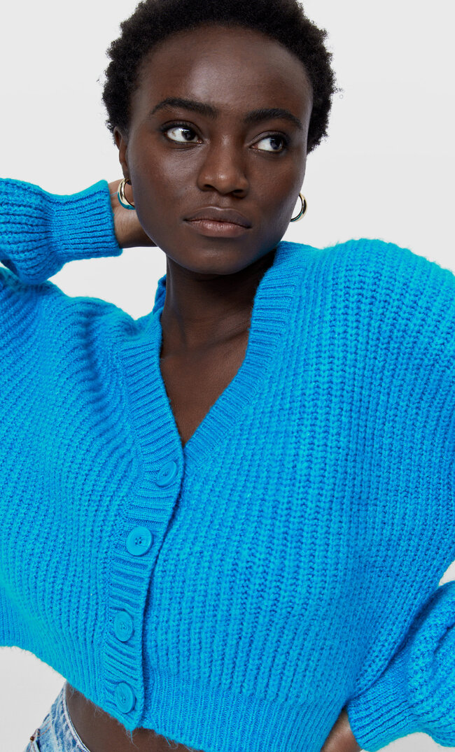 Stradivarius Gefilzter Basic-Cardigan Türkis Xs
