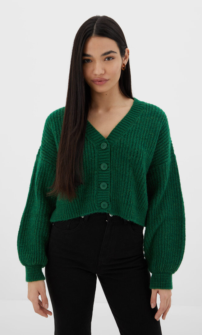 Stradivarius Cardigan Simplu Pufos Verde Xs