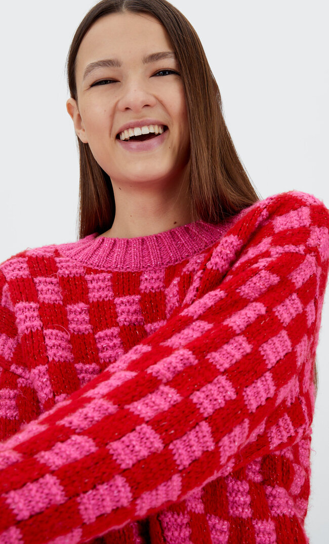 Stradivarius Żakardowy Sweter W Szachownicę Fuksja M