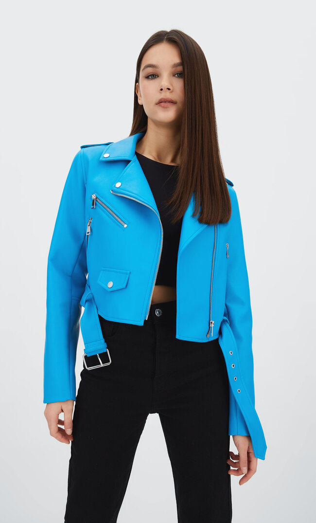 Stradivarius Kunstlederjacke Im Bikerlook Mit Gürtel Elektrisch Blau S