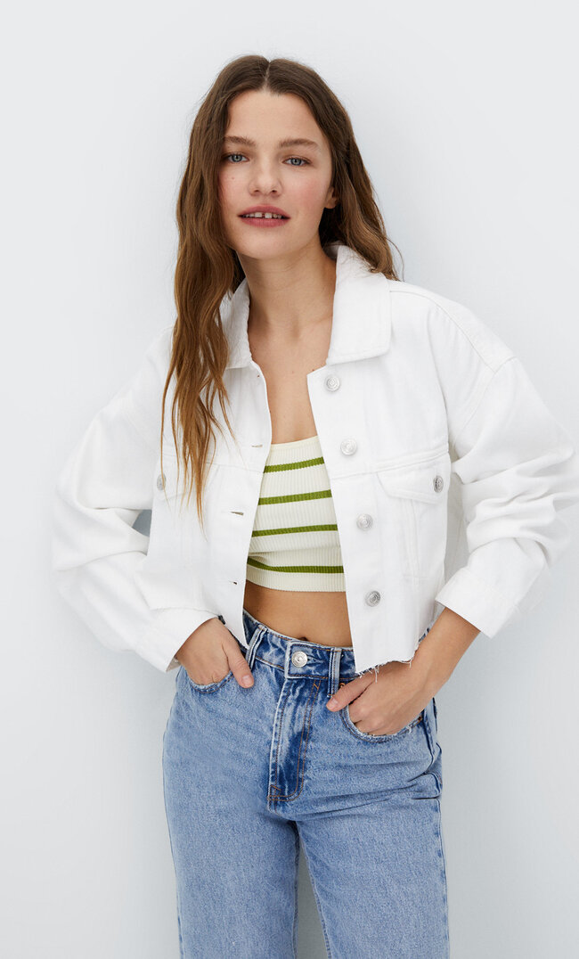 Stradivarius Kurze Jeansjacke Weiß Xl