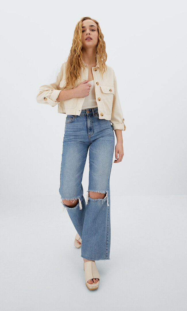 Stradivarius Rustikale Cropped-Jacke Ecru M