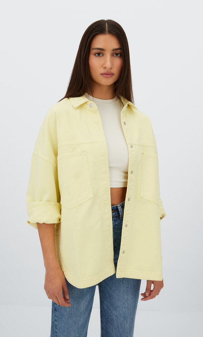 Stradivarius Twill Overshirt With Pockets Pastel Yellow L