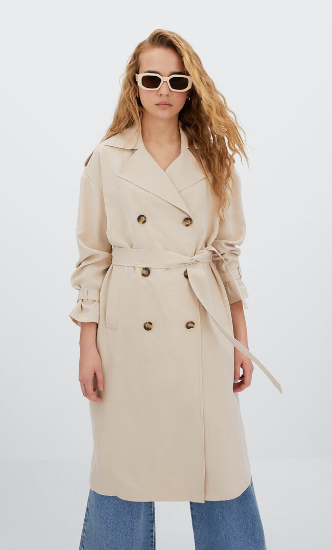 Stradivarius Langer Fließender Trenchcoat Steingrau Xl