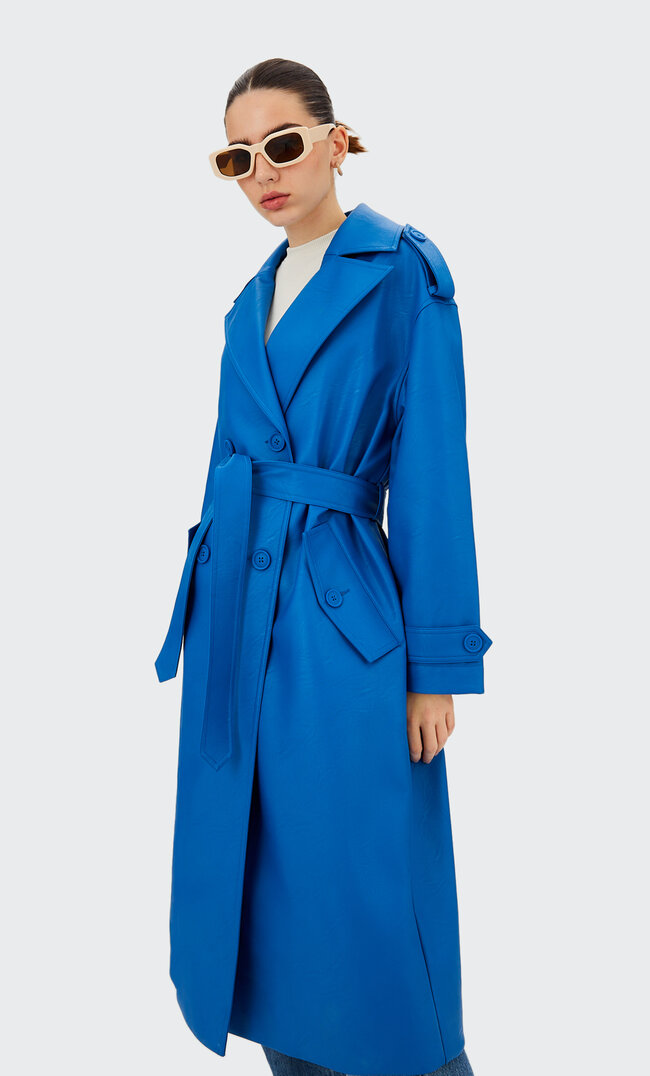 Stradivarius Oversize Faux Leather Trench Coat Electric Blue L