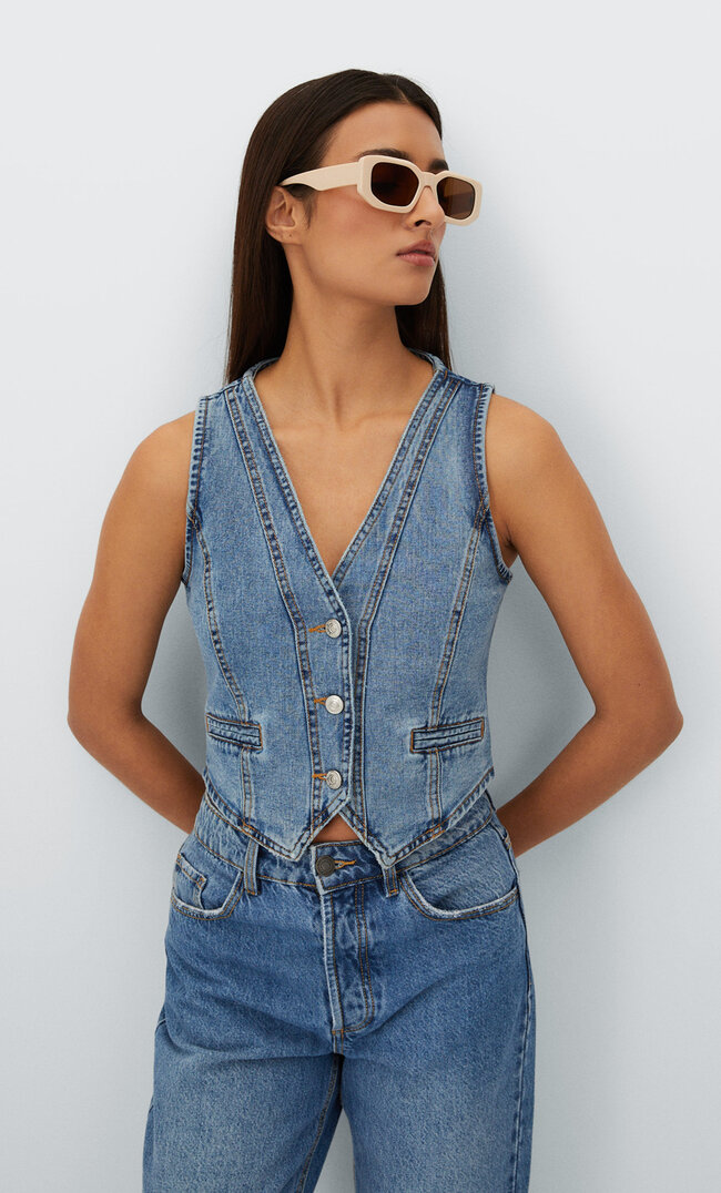 Stradivarius Kurze Jeansweste Medium Light Blue Denim S