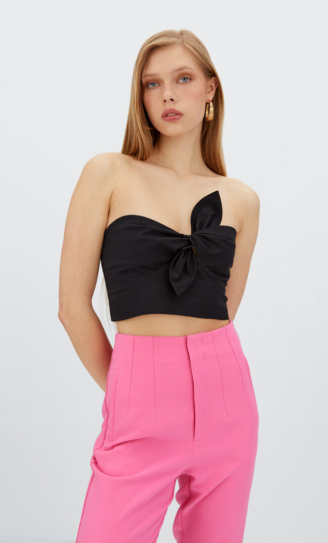 Stradivarius Top Gorsetowy Z Węzłem Czarny Xs
