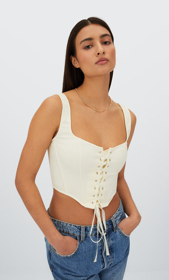 Stradivarius Żakardowy Top Gorsetowy Ecru S