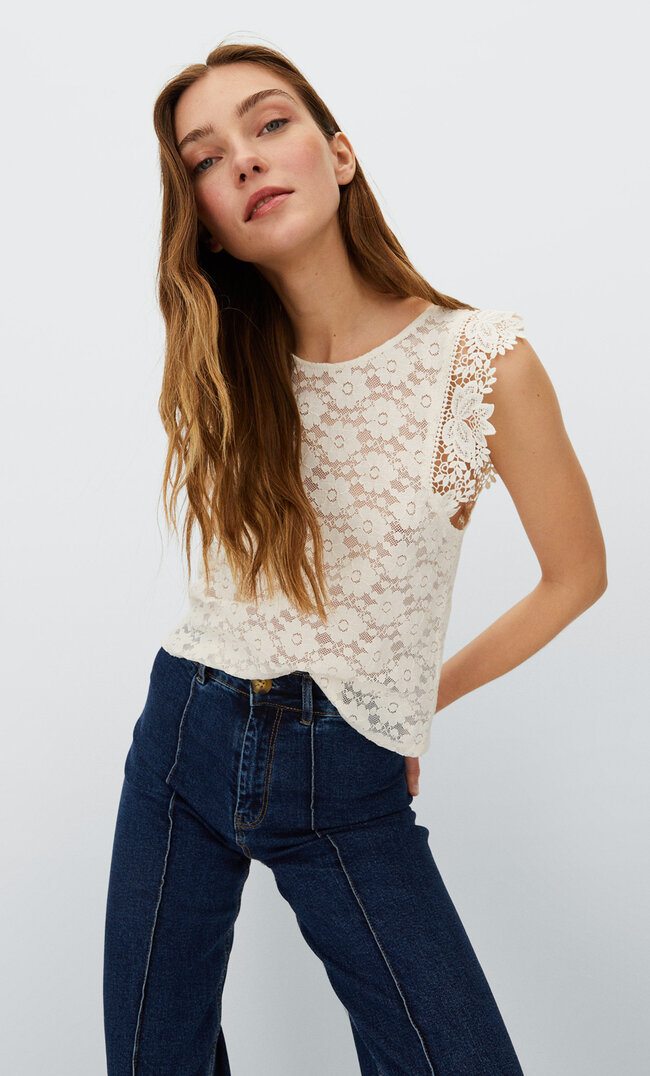 Stradivarius Top Dentelle Sans Manches Écru Xs