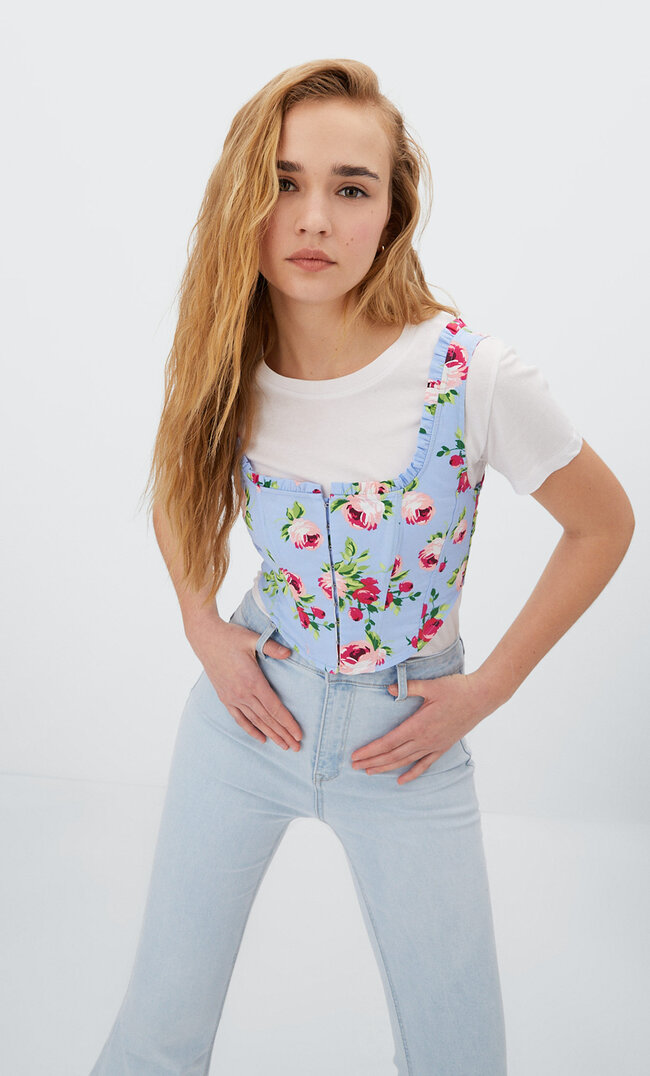 Stradivarius Wzorzysty Top Gorsetowy Bridgerton Błękitny S