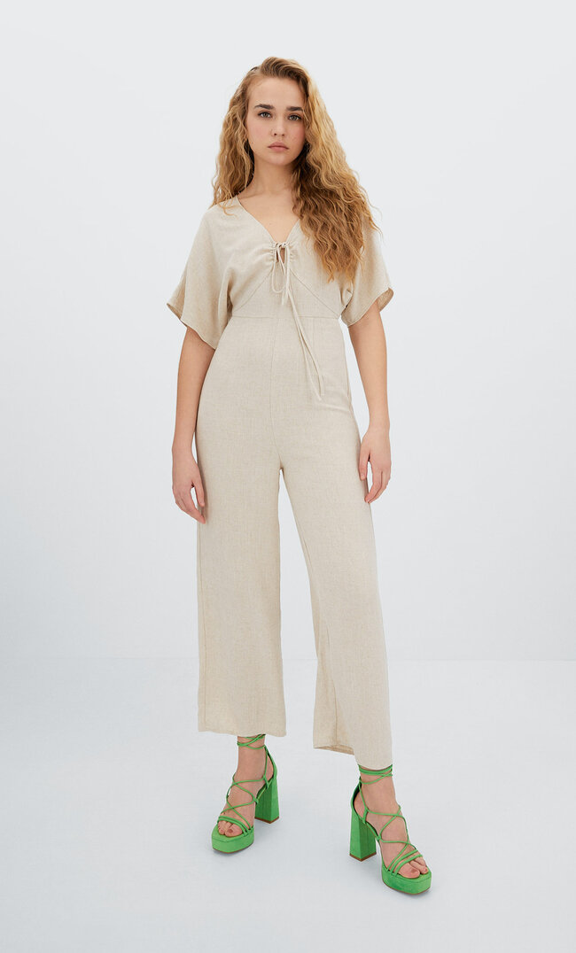 Stradivarius Rustic Jumpsuit With Knotted Neckline Stone M