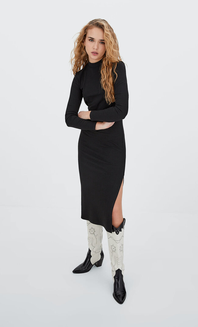 Stradivarius Платье Миди С Длинными Рукавами Черный M