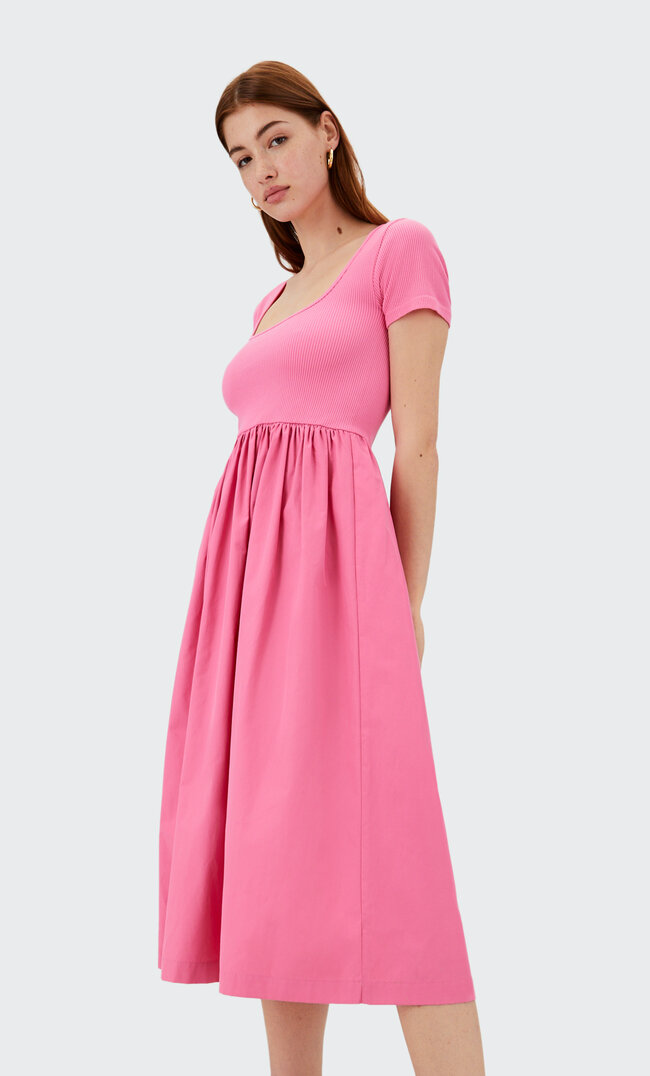 Stradivarius Seamless Midi Dress In Two Materials Bubblegum Pink Xl