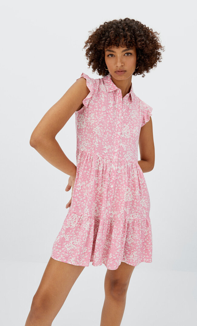Stradivarius Bedrucktes Hemdkleid Pastellrosa L