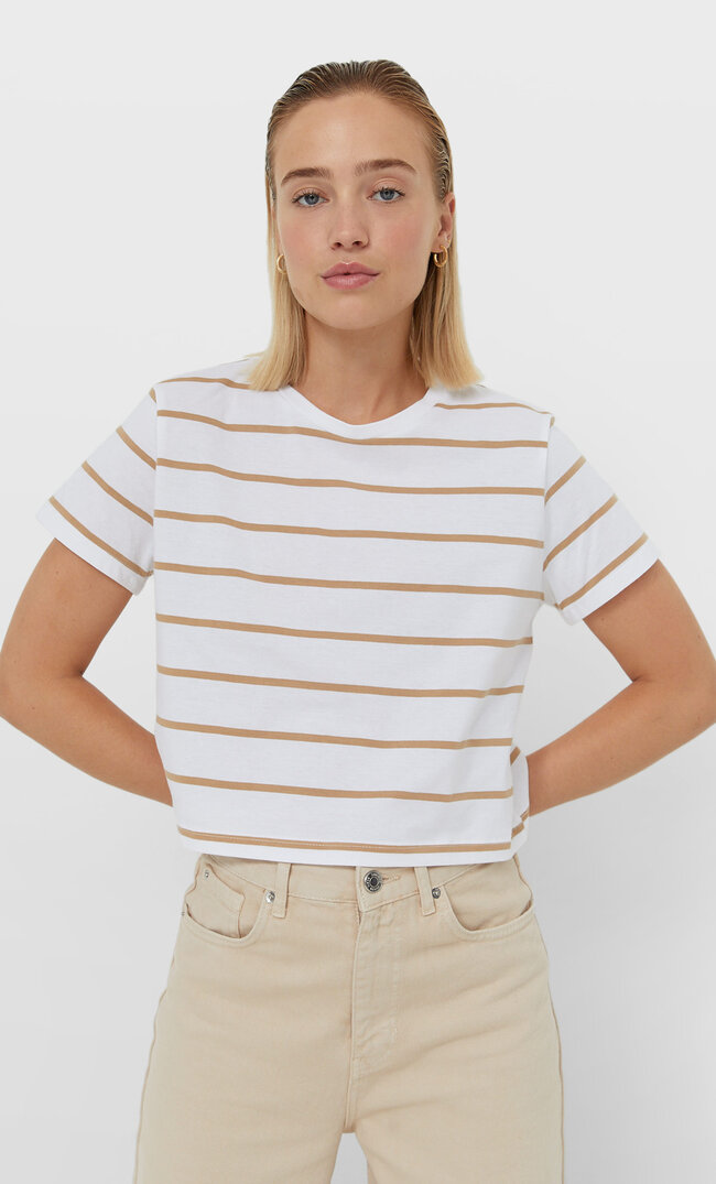 Stradivarius Striped Cropped T-Shirt Beige Xs